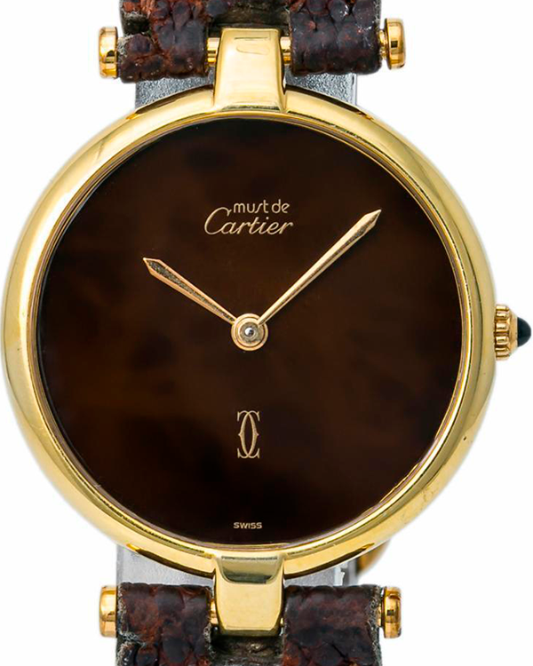 Cartier Vermeil Must Vintage 30MM  Quartz Wood Dial Leather Strap (590003)