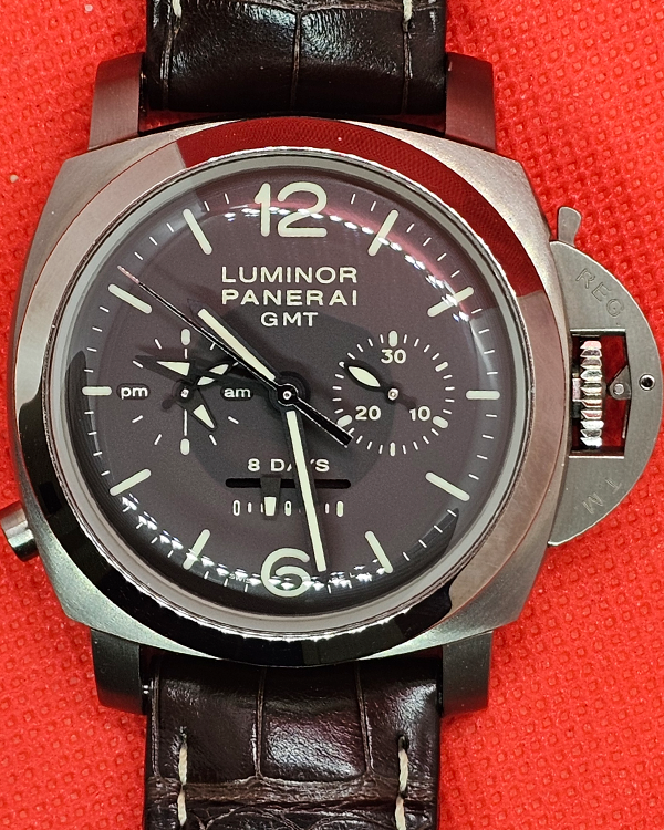 2010 (M Serial) Panerai Luminor 1950 8 Days Chrono Monopulsante GMT 44MM Brown Dial Leather Strap (PAM00311)