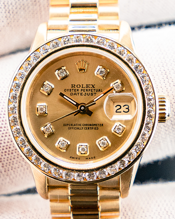 1989 (L Serial) Rolex Lady-Datejust Vintage 26MM Aftermarket Champagne Dial Yellow Gold President Bracelet (69178)