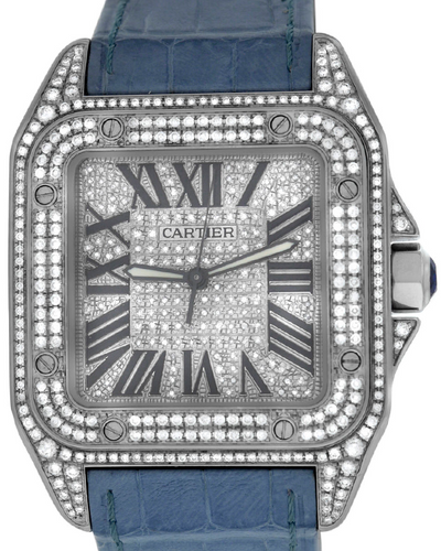 Cartier Santos 100 38x51MM Diamond Pavé Dial Leather Strap (2656)