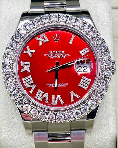 Rolex Datejust II 41MM Aftermarket Red Dial Steel Bracelet Aftermarket Diamonds (116334)