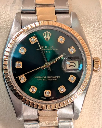 1978 (5.84 Mil Serial) Rolex Oyster Perpetual Date 34MM Aftermarket Green Dial Two-Tone Oyster Bracelet (1505)