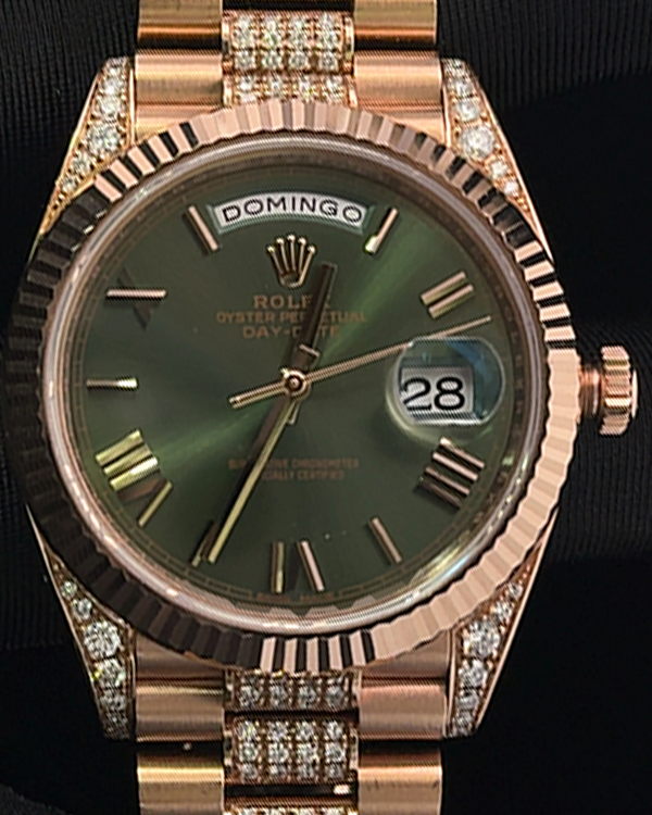 Rolex Day-Date 40MM Green Dial Everose Gold Bracelet Aftermarket Diamonds (228235)