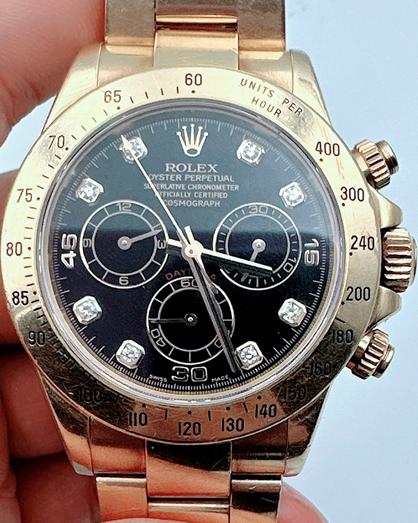 2005 Rolex Daytona Yellow Gold Factory Diamonds Black Dial (116528)