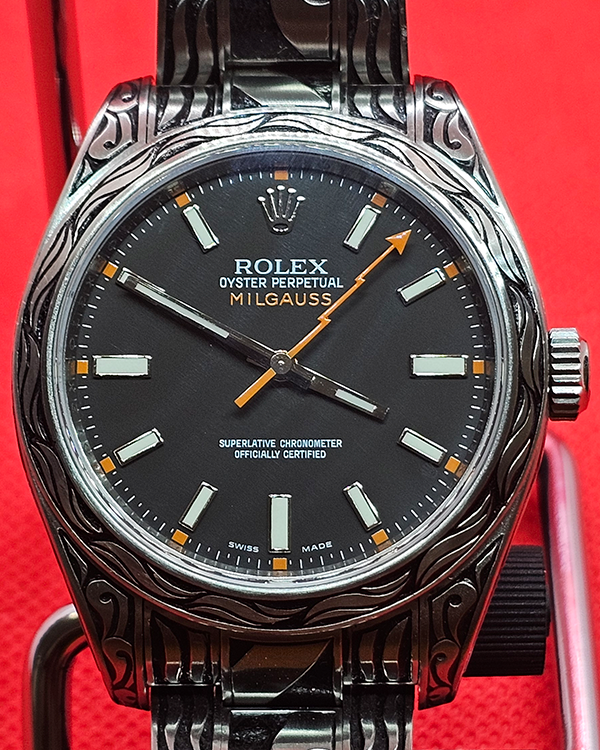 2009 (V Serial) Rolex Milgauss 40MM Aftermarket Engravings Black Dial Steel Bracelet (116400)