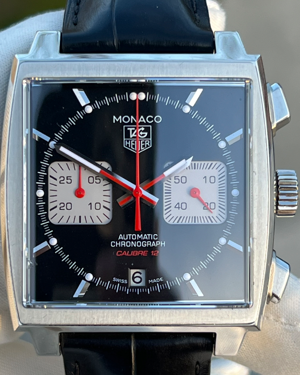 TAG Heuer Monaco Calibre 12 39MM Black Dial Leather Strap (CAW2114)