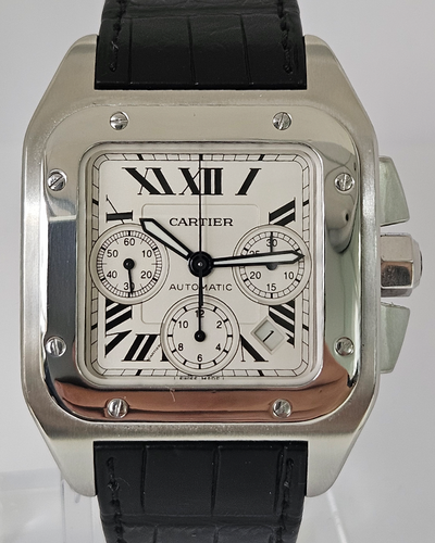 Cartier Santos 100 XL Chronograph 41x55MM Silver Dial Leather Strap (2740)