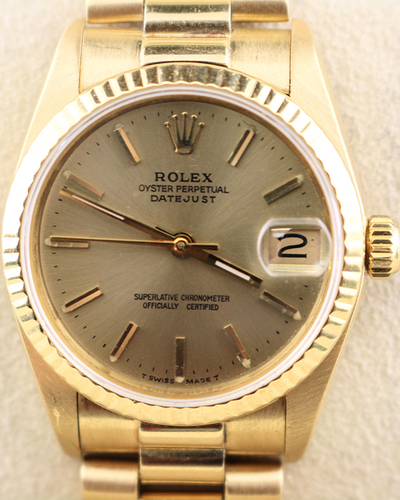 1983 (7.4 Mil Serial) Rolex Datejust 31MM Champagne Dial Yellow Gold President Bracelet (68278)