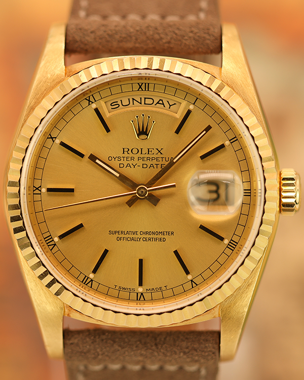 1988 (R Serial) Rolex Day-Date Vintage 36MM Champagne Dial Aftermarket Leather Strap (18238)