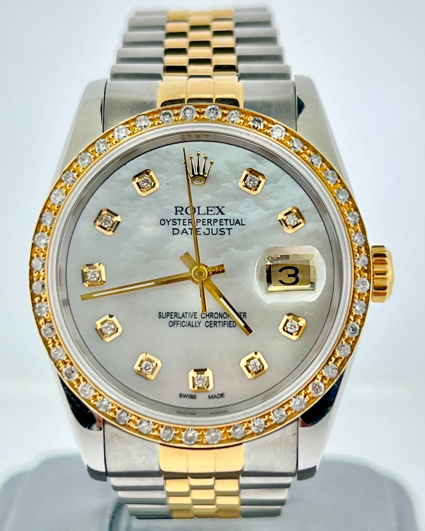 Rolex Datejust 36MM Jubilee Bracelet Two-Tone Aftermarket Diamonds Mother of Pearl Dial (16233)