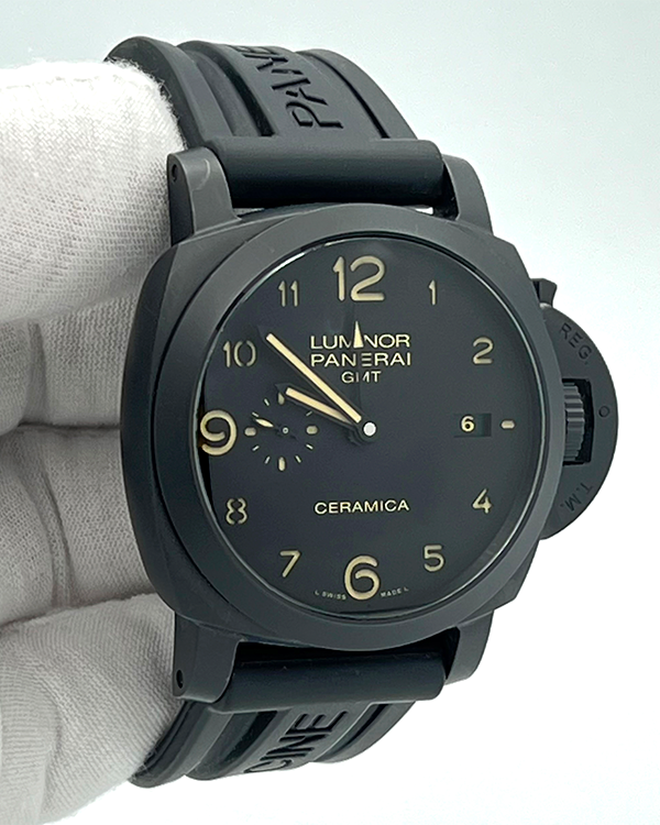 2012 Panerai Luminor 1950 3 Days GMT 44MM Black Dial Rubber Strap (PAM00441)