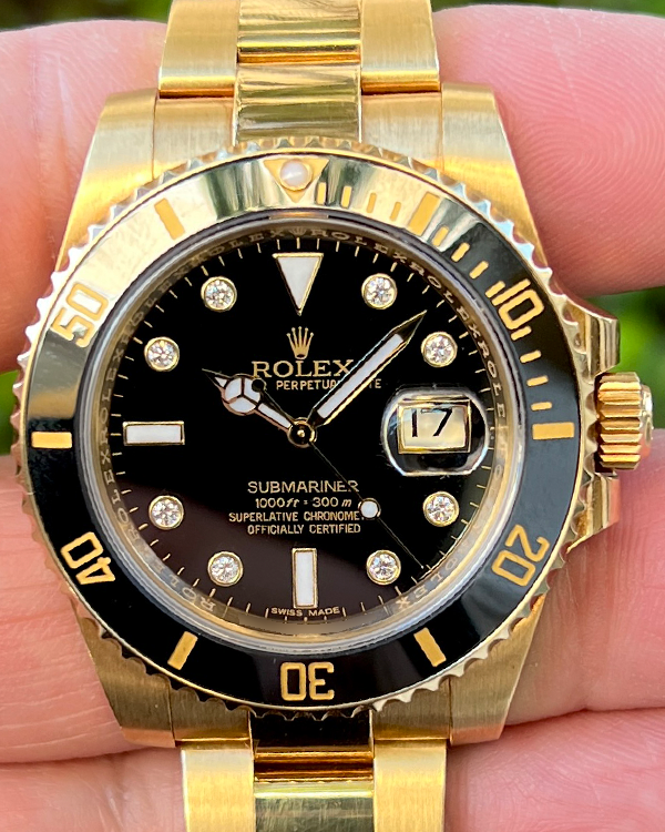 2011 (V Serial) Rolex Submariner Date 40MM Rare "Serti" Black Dial Yellow Gold Oyster Bracelet (116618LN)