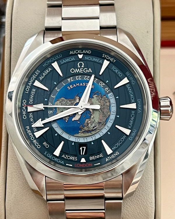 2023 Omega Seamaster Aqua Terra 150M Co-Axial Master Chronometer GMT Worldtimer 43MM Blue Dial Steel Bracelet (220.10.43.22.03.001)