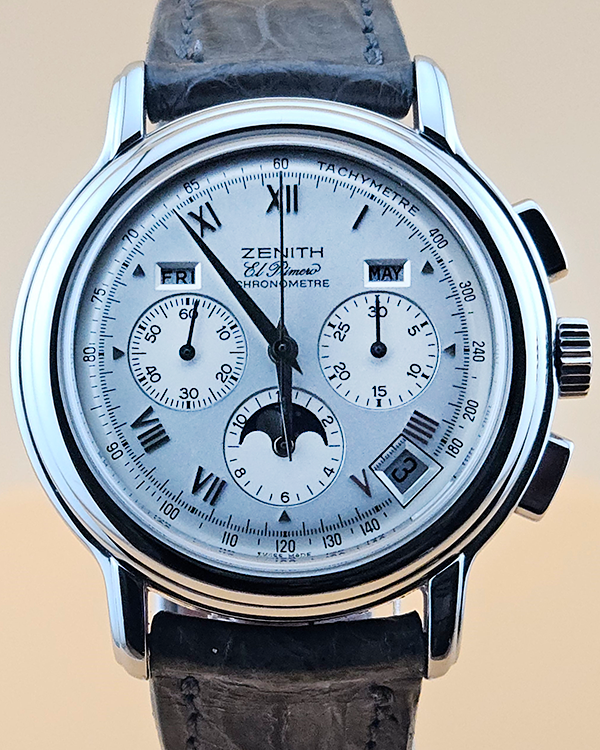 Zenith El Primero Chronomaster Moonphase 40MM Silver Dial Aftermarket Alligator Leather Strap (02.0240.410/01)