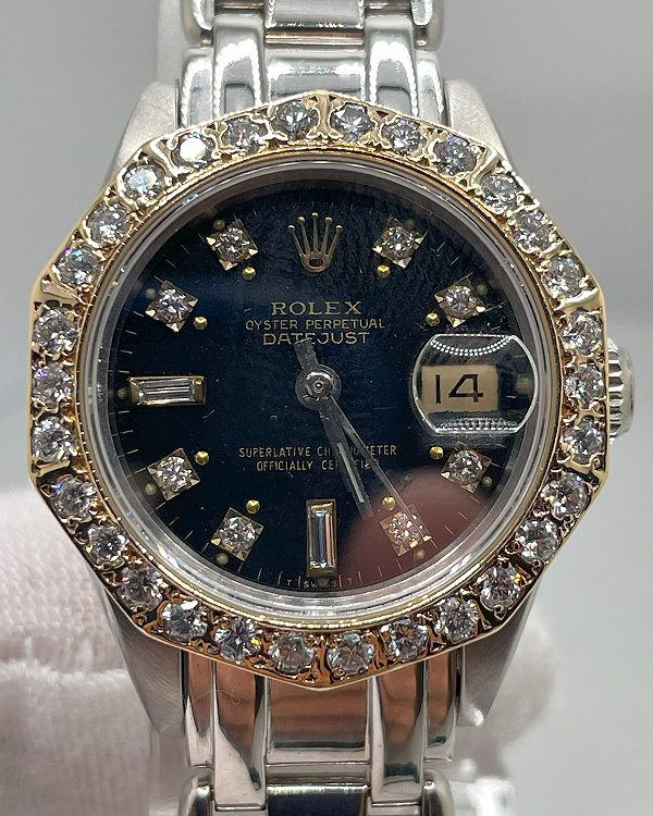 Rolex Lady-Datejust 26MM Aftermarket Black Dial 18k Solid White Gold Pearlmaster Bracelet (69173)