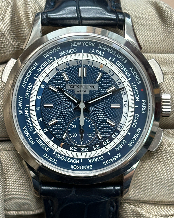 Patek Philippe World Time Chronograph 39.5MM Blue Dial Leather Strap (5930G-001)