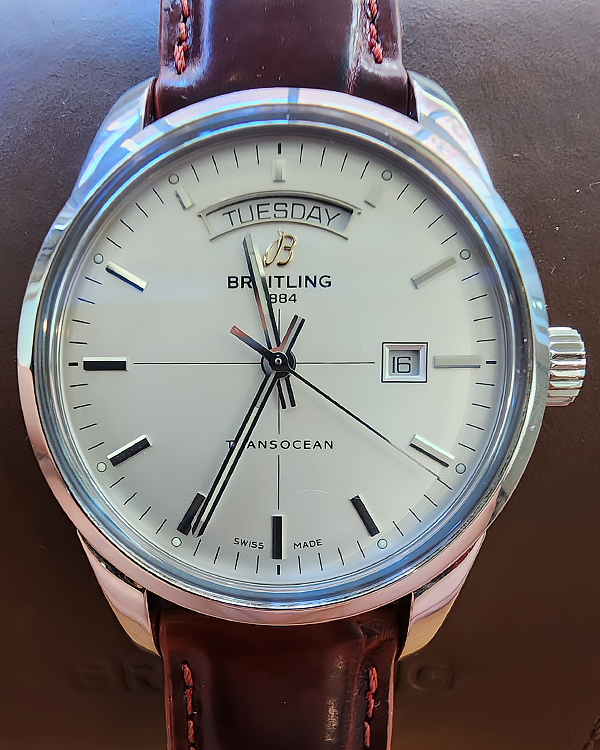 Breitling Transocean Day-Date 43MM Silver Dial Aftermarket Leather Strap (A4531012)