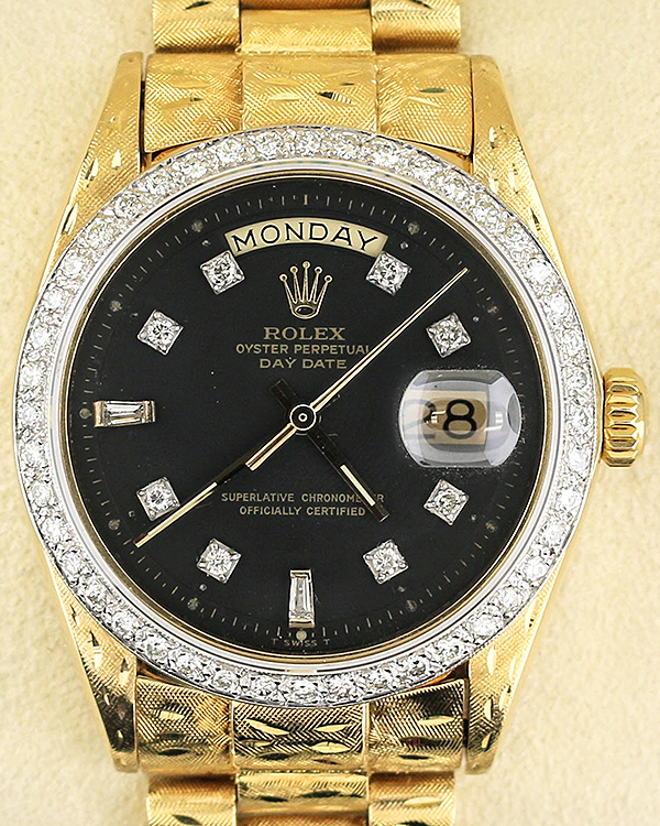 1976 (4.2 Mil Serial) Rolex Day-Date 36MM Aftermarket Black Dial Aftermarket Yellow Gold President Bracelet (1803)