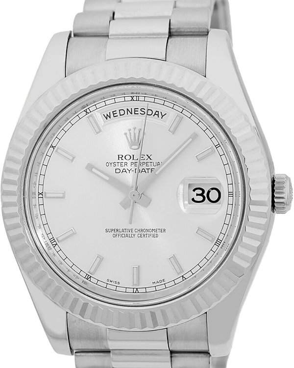 2008 (V Serial) Rolex Day-Date II 41MM Silver Dial White Gold President Bracelet (218239)