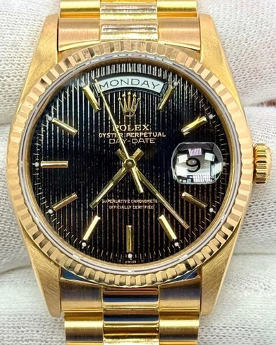 1994 Rare Rolex Day-Date 36MM Black "Tapestry" Dial Yellow Gold President Bracelet (118238)