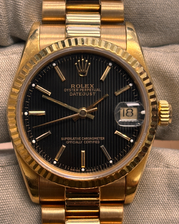 Rolex Datejust 31MM Black "Tapestry" Dial Yellow Gold President Bracelet (68278)