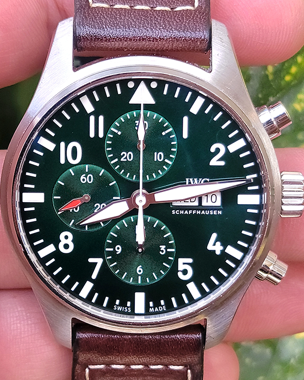 IWC Schaffhausen Pilot Chronograph 43MM Green Dial Leather Strap (IW377726)