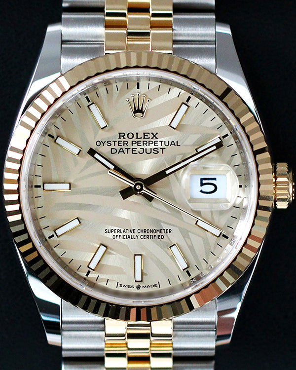 No Reserve - 2024 Discontinued  Rolex Datejust 36MM Champagne "Palm Motif" Dial Two-Tone Jubilee Bracelet (126233)