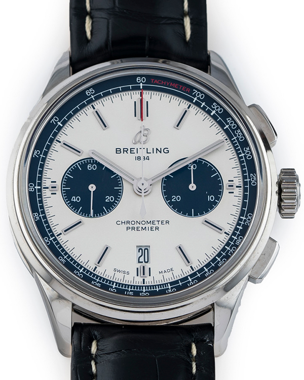 2022 Breitling Premier B01 Chronograph "Panda" 42MM Silver Dial Leather Strap (AB0118221G1P1)