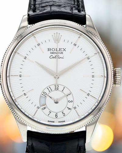 Rolex Cellini Dual Time 39MM white Dial Leather Strap (50529)
