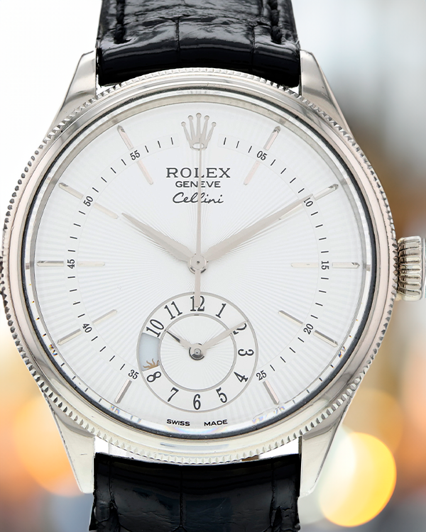 Rolex Cellini Dual Time 39MM Silver Dial Leather Strap (50529)