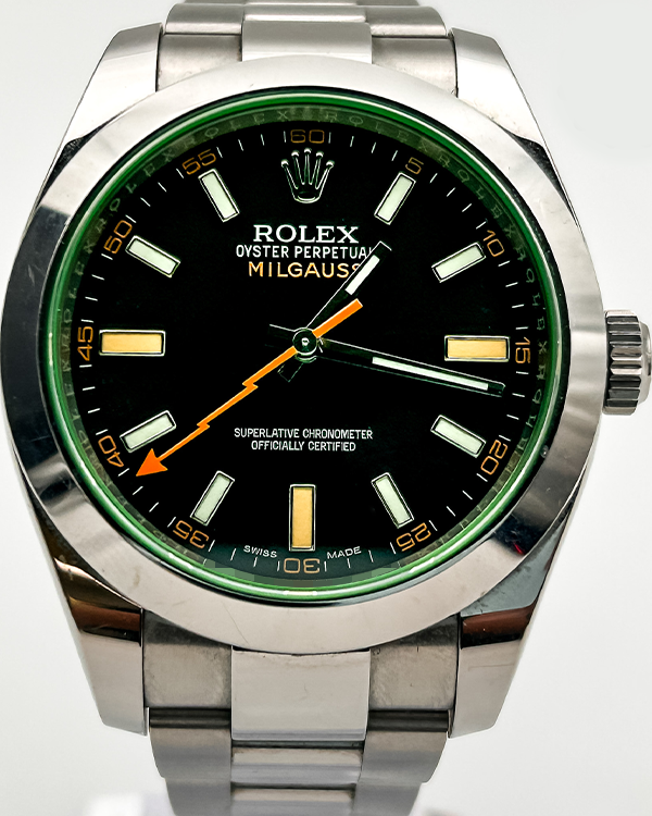 2018 Rolex Milgauss Oystersteel Black Dial Green Crystal (116400GV)