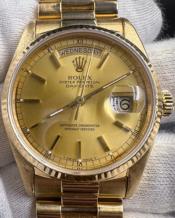 1985 (8.76 Mill. Serial) Rolex Day-Date 36MM Gold Dial President Bracelet (18038)