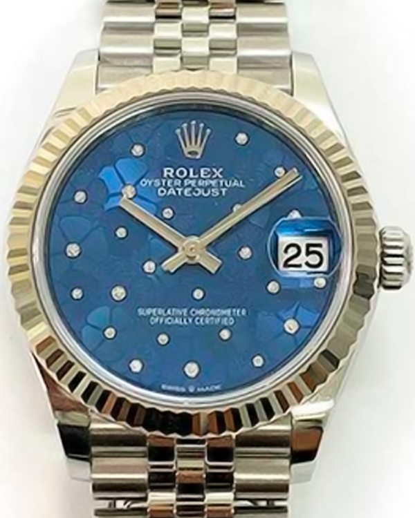 2022 Rolex Datejust 31MM Oystersteel and White Gold Azurro Blue "Floral Motif" Dial Jubilee Bracelet (278274)