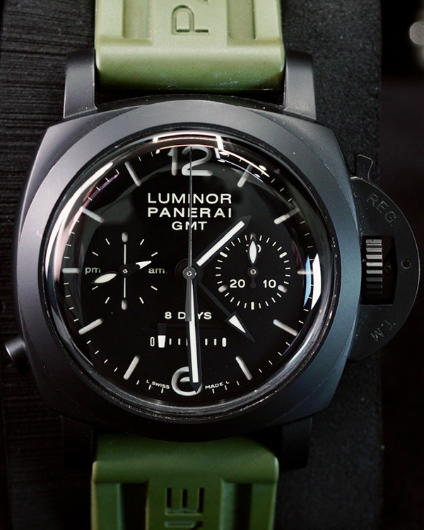 Panerai Luminor 1950 8 Days Chrono Monopulsante GMT 44MM Black Dial Rubber Strap (PAM00317)