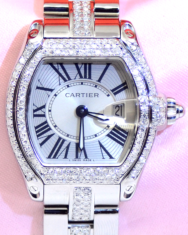 Cartier Roadster 36MM Aftermarket Diamonds Silver Dial Steel Bracelet (2675)