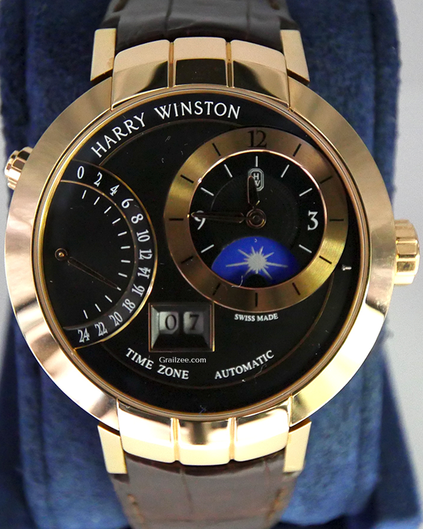 2018 Harry Winston Premier Excenter Time Zone 41MM Black Dial Leather Strap (PRNATZ41RR002)