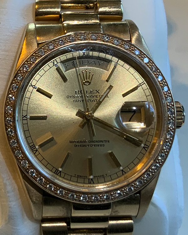 Rolex Day-Date 36MM Aftermarket Bezel Champagne Dial Yellow Gold President Bracelet (18038)