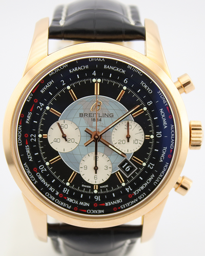 Breitling Transocean Chronograph Unitime 46MM Black Dial Leather Strap (RB0510U4/BB63)