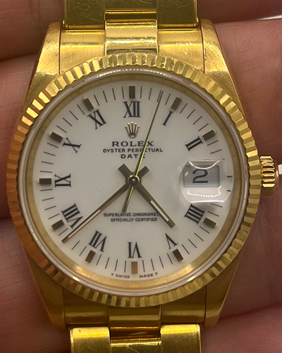 1989 (L Serial) Rolex Oyster Perpetual Date 34MM White Dial Yellow Gold Bracelet (15238)