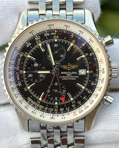 Breitling Navitimer World GMT 46MM Black Dial Steel Bracelet (A24322)