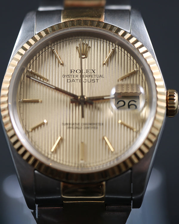 1990 (E Serial) Rolex Datejust 36MM Champagne "Tapestry" Dial Two-Tone Bracelet (16233)