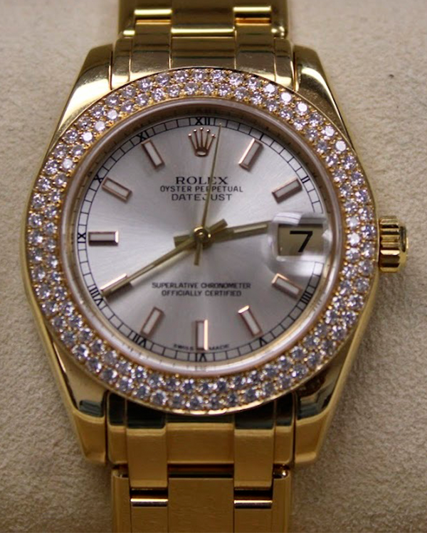 2004 Rolex Lady-Datejust 34MM Pearlmaster Yellow Gold Aftermarket Diamonds Silver Dial (81298)