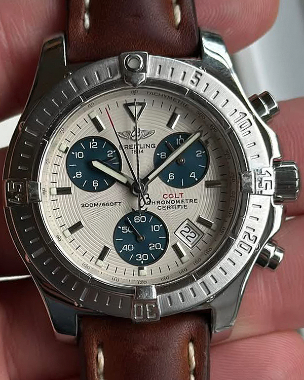 2008 Breitling Colt Chronograph 41MM Quartz Silver Dial Aftermarket Leather Strap (A73380)