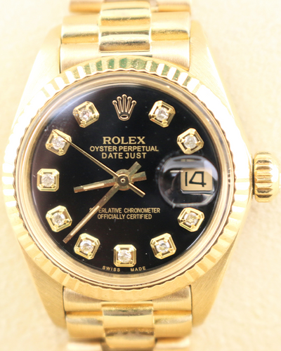 1981 (6.7 Mill Serial) Rolex Lady-Datejust 26MM Aftermarket Black Dial Yellow Gold President Bracelet (6917)