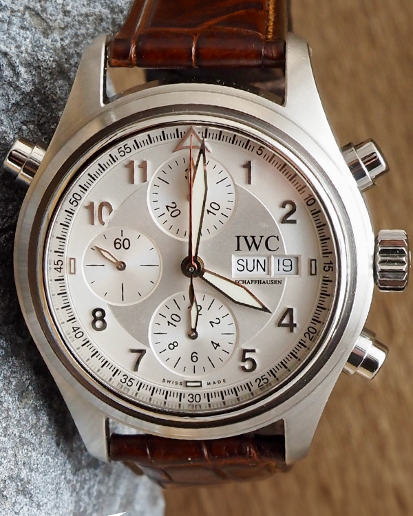 IWC Schaffhausen Pilot Double Chronograph 42MM Silver Dial Leather Strap (IW371303)