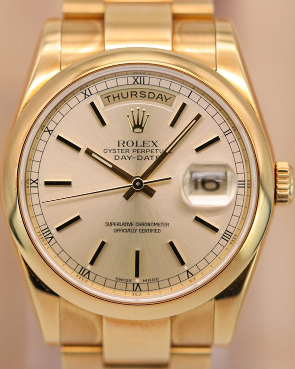 2004 (P Serial) Rolex Day-Date 36MM Silver Dial Yellow Gold Oyster Bracelet (118208)