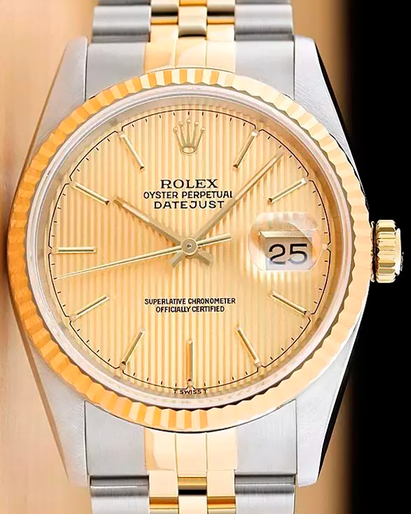 Rolex Datejust 6MM Champagne "Tapestry" Dial Two-Tone Steel Yellow Gold Bracelet (16233)