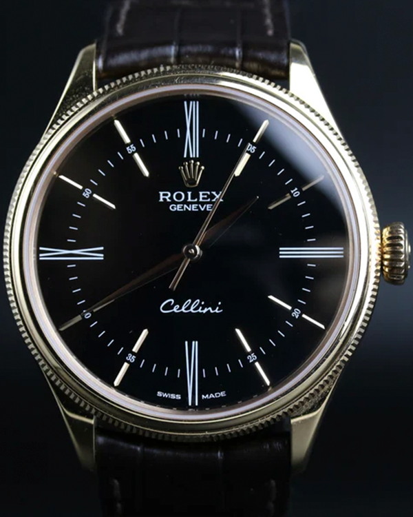 2021 Rolex Cellini 39MM Black Dial Leather Strap (50505)