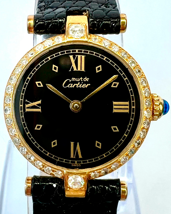 Cartier Must de Cartier Vermeil 24MM Black Dial Leather Strap (590004)