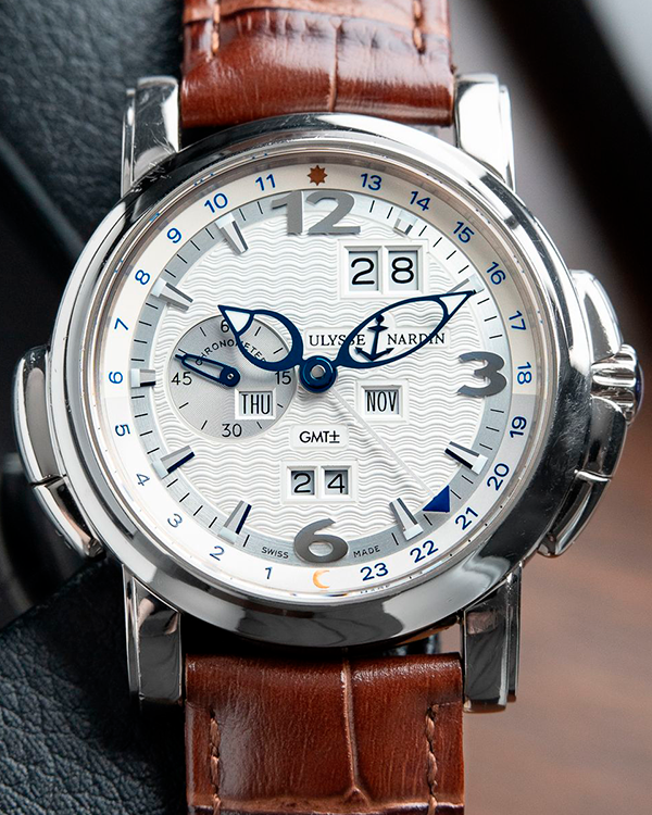 Ulysse Nardin GMT Perpetual 42MM Silver Dial Aftermarket Leather Strap (320-60)